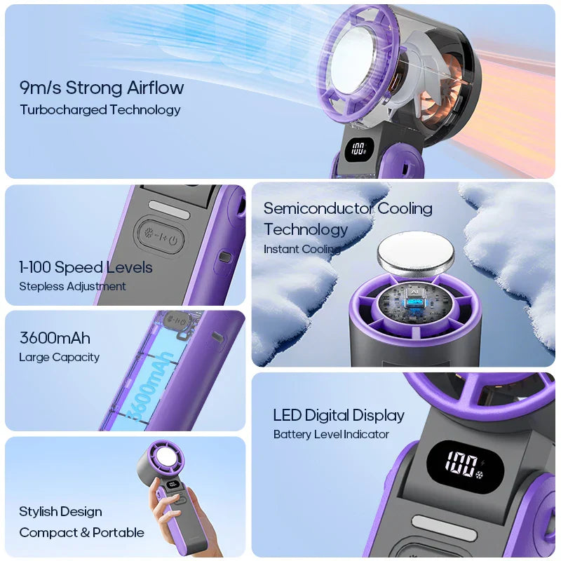 Carvallo Handfläkt med Ice-Cool-teknologi | 100 hastighetssteg | 3600mAh batteri | Fällbar & Ultralätt Carvallo
