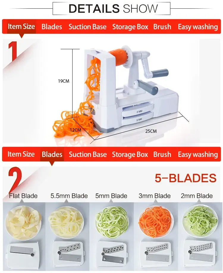 Royallure 7-bladig grönsaksspiralisator – Zucchini-nudeltillverkare och zoodle-tillverkare med sugkopp och förvaringskorg Carvallo