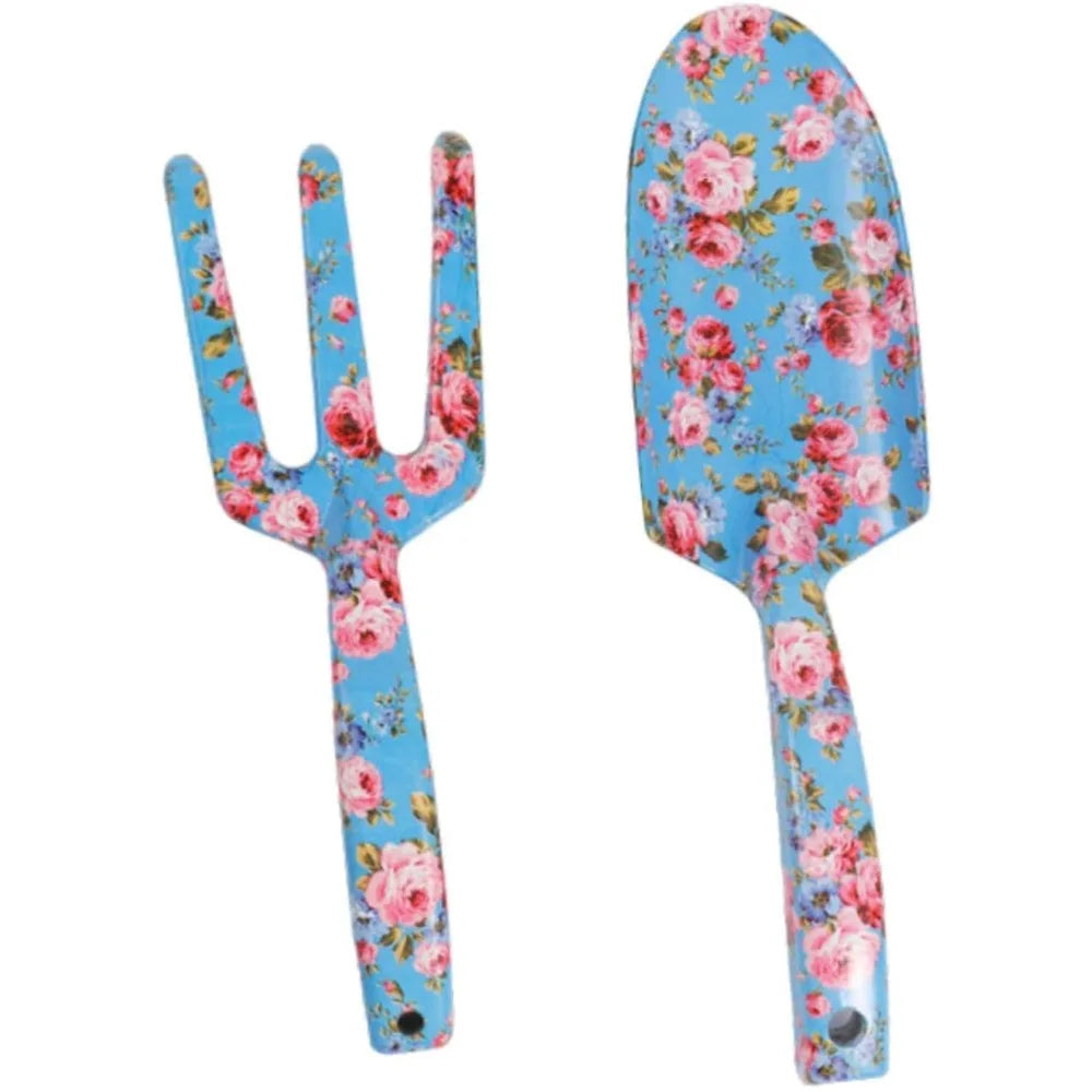 Carvallo GardenSet Trädgårdsverktygssats i rostfritt stål | 2-delad: Handskovel & Blomgaflar | 26–29,5 cm | Blommönster i 6 färger Carvallo
