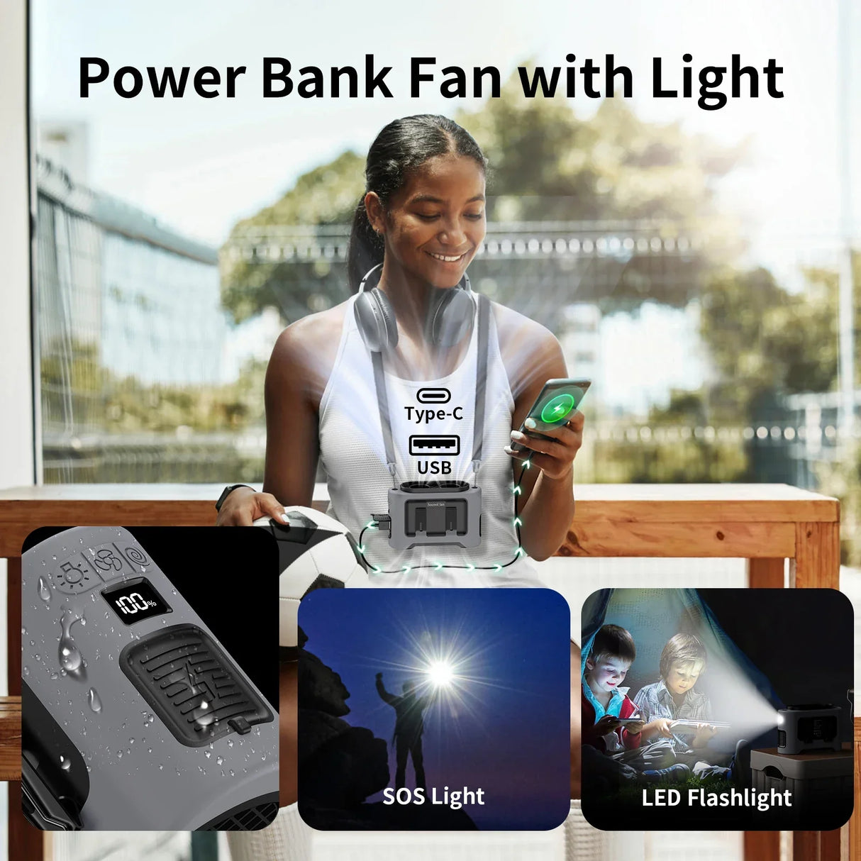 Carvallo StormClip Bärbar Utomhus-Bältesfläkt 2025 | 5-stegs Turbo-Vind | 360° Vridklipp | Powerbank & LED-ljus Carvallo