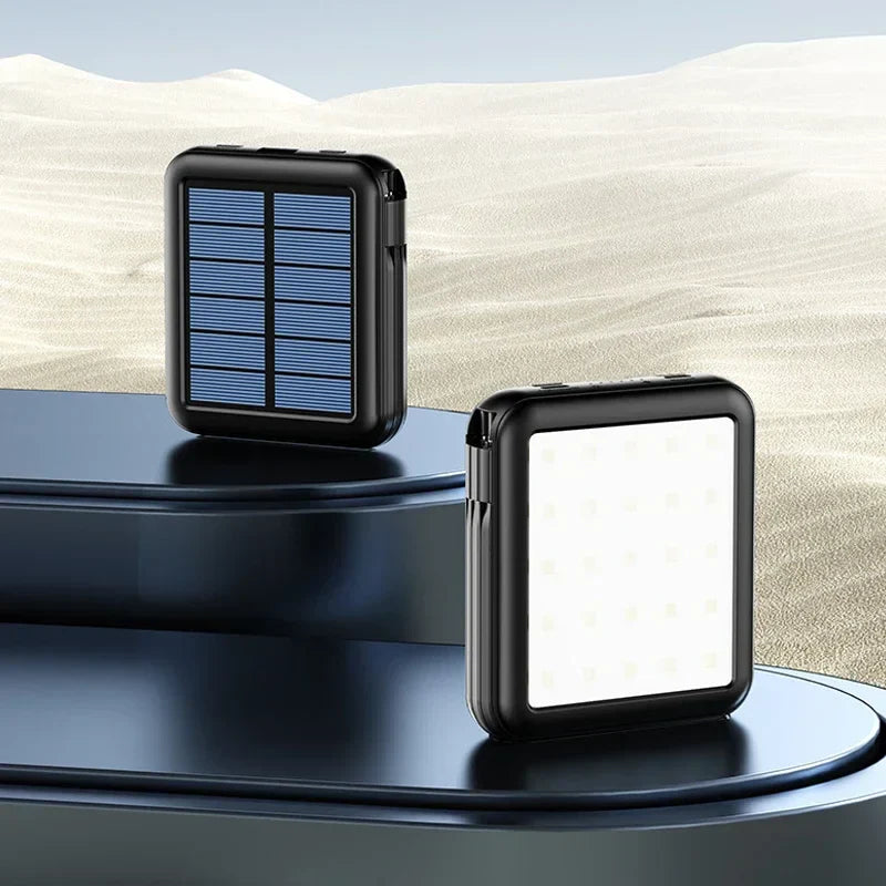 Carvallo Powerbank ENERIVIA Mini 20000mAh | Integrerade kablar | Solarladdning & LED-lampa | 4 utgångar & 3 ingångar | Snabbladdningsfunktion Carvallo