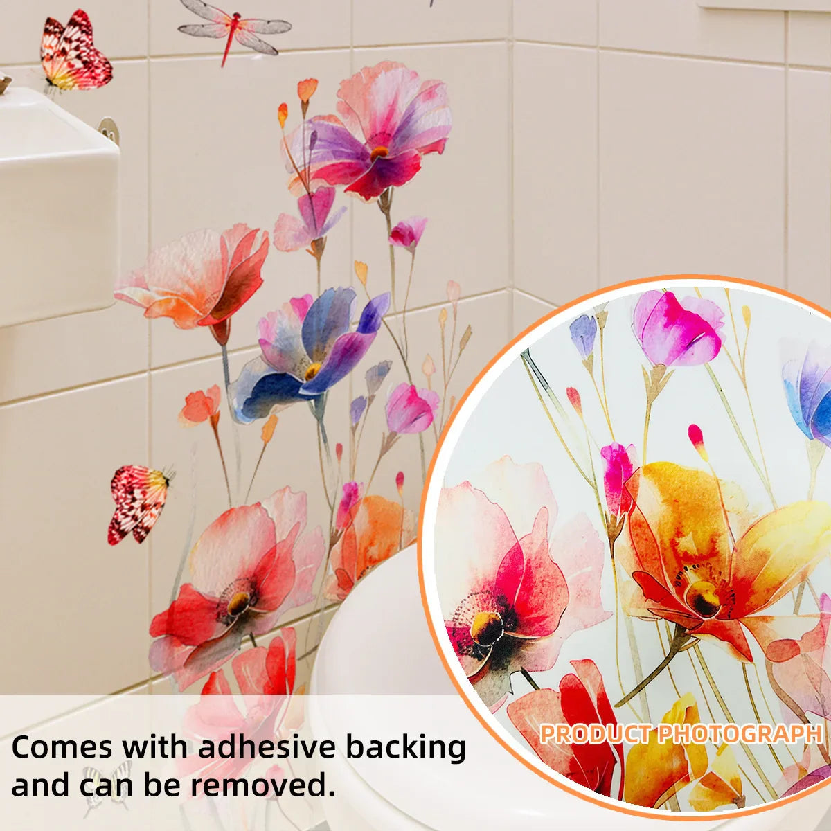 Carvallo ButterflyBloom wall sticker watercolor flowers & butterflies | self-adhesive & removable | for living room & bathroom Carvallo