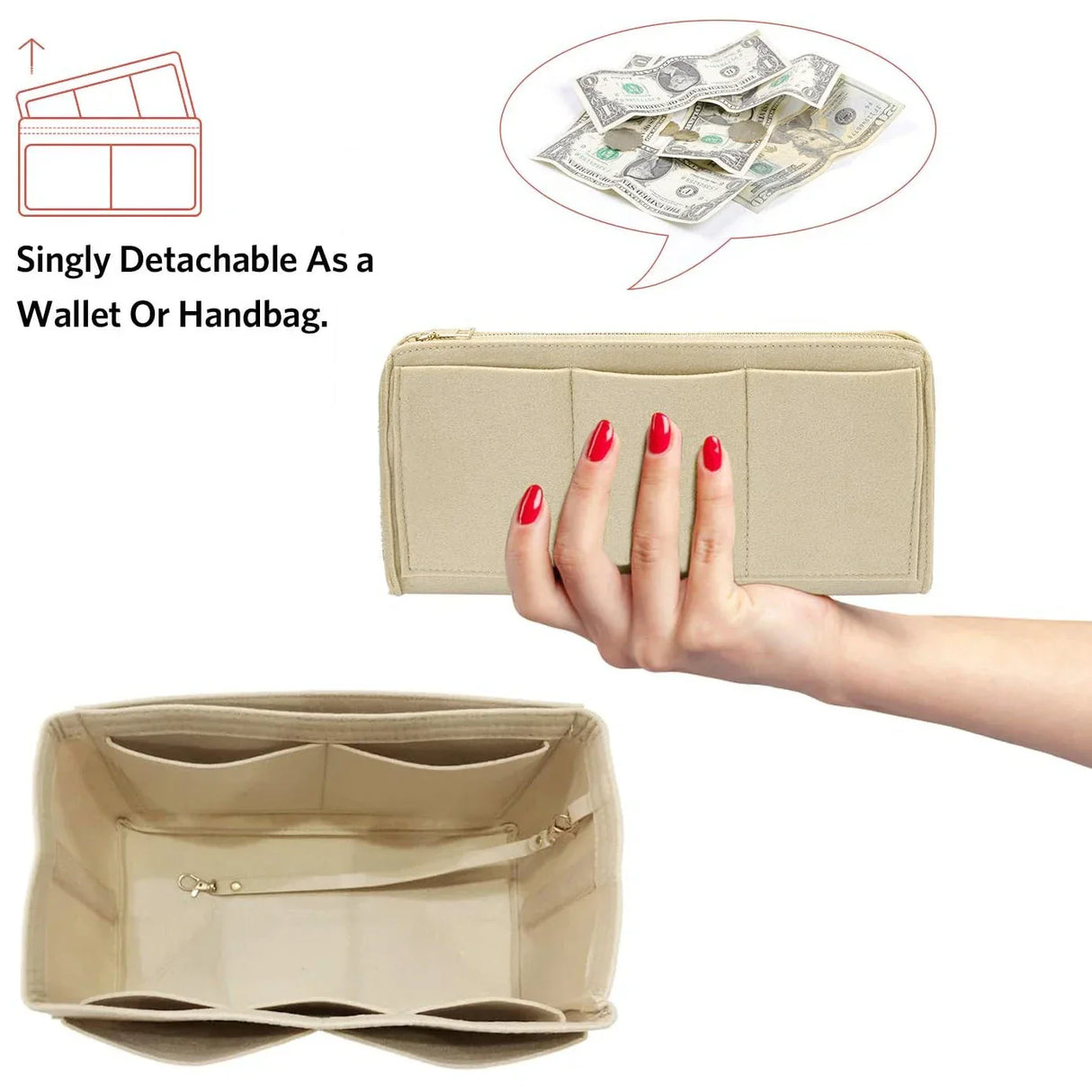 Carvallo Organizer Inlay | Filzinsats med dragkedja | 15 fack & nyckelband | För handväskor & shoppare Carvallo