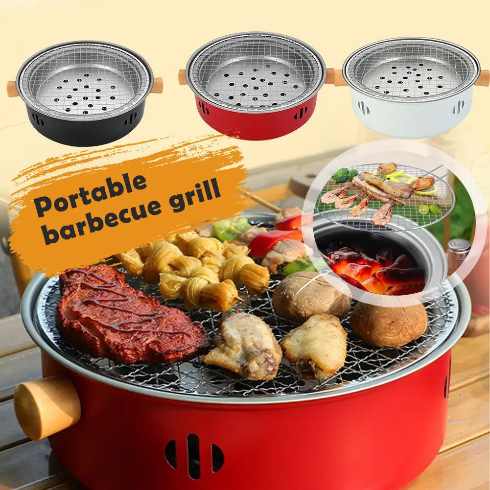 Carvallo Koreansk kolgrill rund | Bärbar BBQ-ugn av järn | 32 × 10 cm | Non-stick grillgaller | För camping och utomhus Carvallo