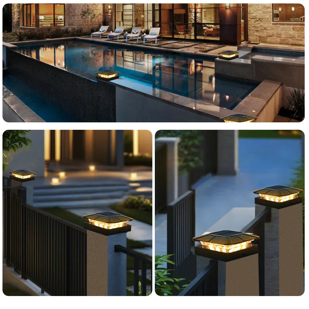 Carvallo Solar-postkapsljus 10 × 10 cm | 3-färgers LED med 2 ljusstyrkenivåer | IP65 solstaketljus för trädgårdsträdpålar Carvallo