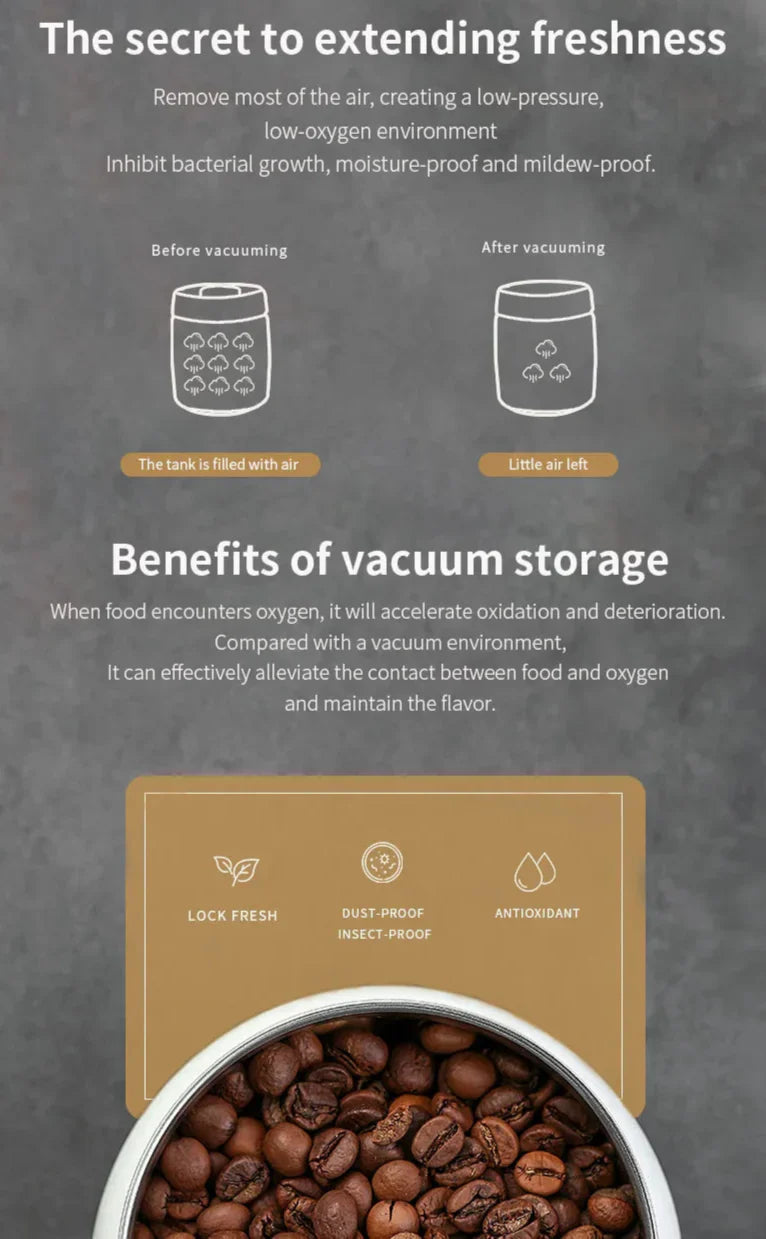Royallure Kaffeebehållare i rostfritt stål med manuell vakuumlock för färska bönor Carvallo