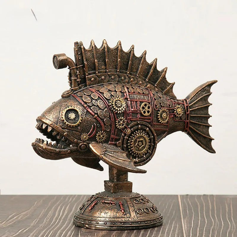 Steampunk Gearfish Sculpture – Invecklad metallkonst med industriell charm MILA Sverige