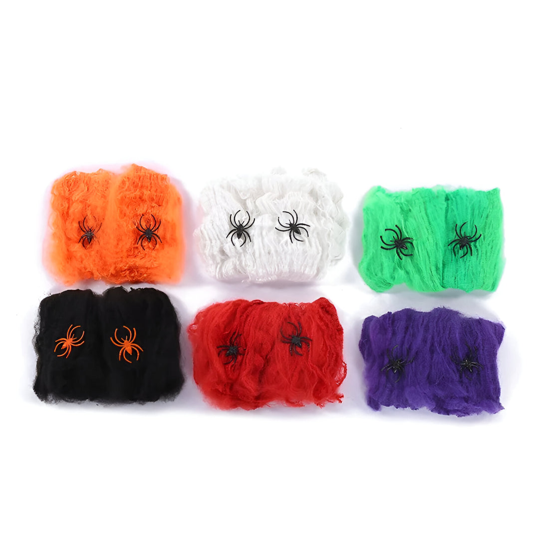 Färgglada stretchiga spindelnät – Expanderbar Halloweendekoration för inomhus- och utomhusskräck MILA Sverige