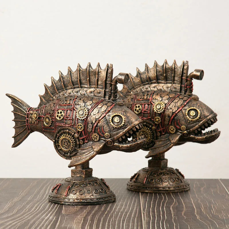 Steampunk Gearfish Sculpture – Invecklad metallkonst med industriell charm MILA Sverige