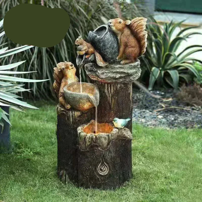 Carvallo Solar Deko Fontän Anka & Ekorre | Trädgårdsfigur med LED-ljus | Väderbeständig konstharpiks | För terrass & balkong Carvallo