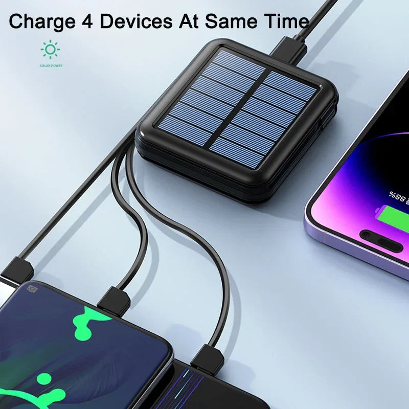 Carvallo Powerbank ENERIVIA Mini 20000mAh | Integrerade kablar | Solarladdning & LED-lampa | 4 utgångar & 3 ingångar | Snabbladdningsfunktion Carvallo
