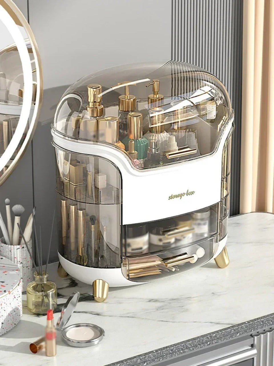 Transparent Desktop Makeup Organizer – Stort kapacitet dammavvisande smycke- och kosmetikaförvaringslåda Carvallo