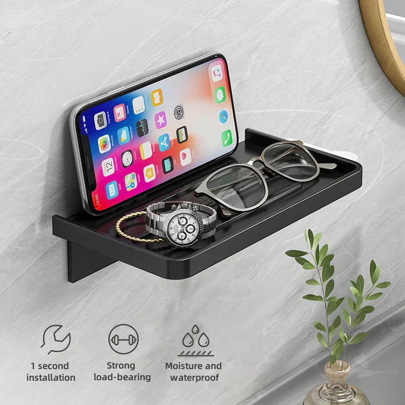 Carvallo DuschLine Duschablage Svart | Vägghylla i ABS-plast | Utan borrning | Med mobilhållare | Modernt bad-organisationstalanger Carvallo