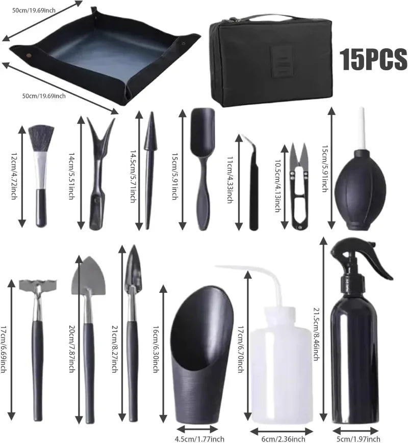 Carvallo MicroGarden Set 15-delat bonsai- & suckulentträdgårdsverktygsset | Med väska & planteringsmatta | För omplantering, beskärning & skötsel Carvallo