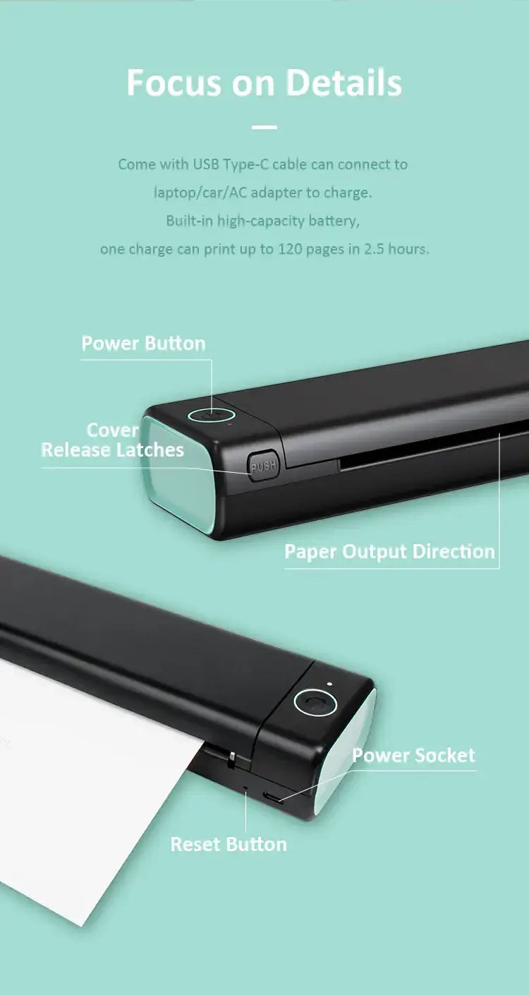 Royallure Pocket Thermal Printer – Kompakt bläckfri, Bluetooth Skriv ut var som helst Carvallo