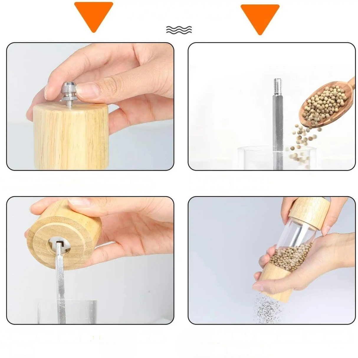 Peppar- och saltkvarnar i ett 2-delat set – Tillverkade av trä med ett insynsfönster och rengöringsborste Carvallo