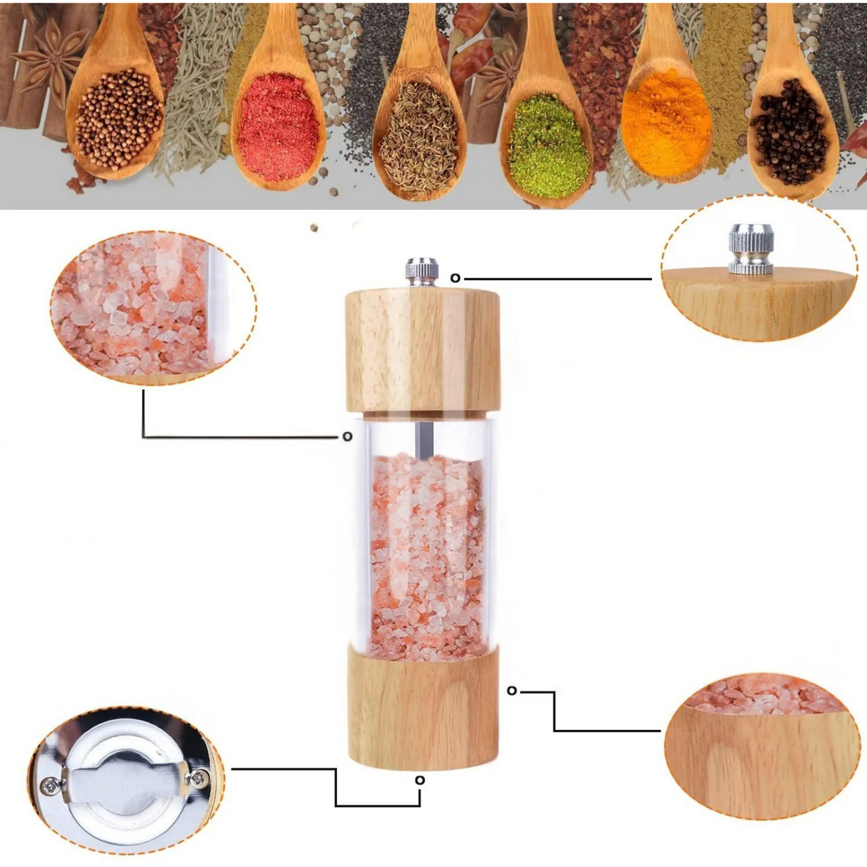 Peppar- och saltkvarnar i ett 2-delat set – Tillverkade av trä med ett insynsfönster och rengöringsborste Carvallo