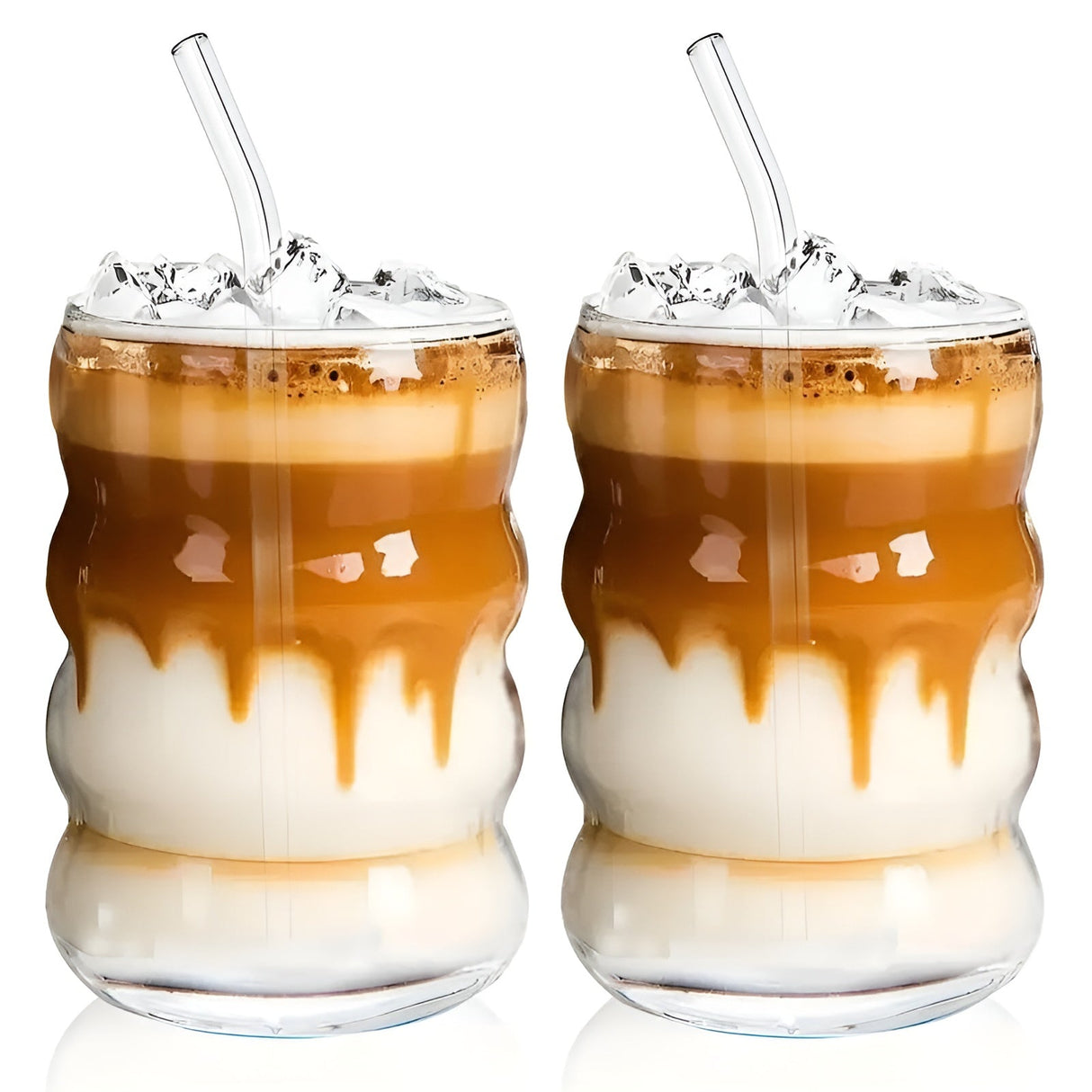 Ribbad glas med sugrör – 2 st Vågform, 450ml | Stiligt dricksglas för iskaffe, matcha & juice Carvallo