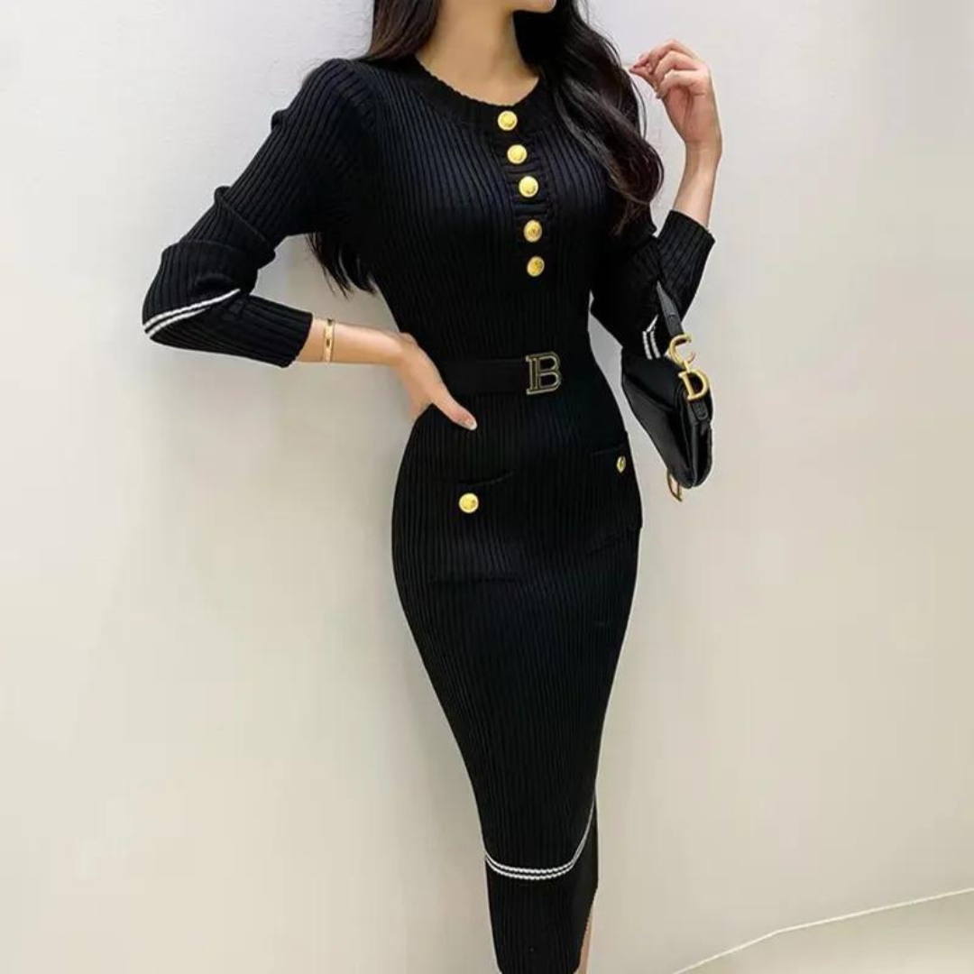 Stickad klänning med halvknäppning för kvinnor-Bellasverige-Hemnix