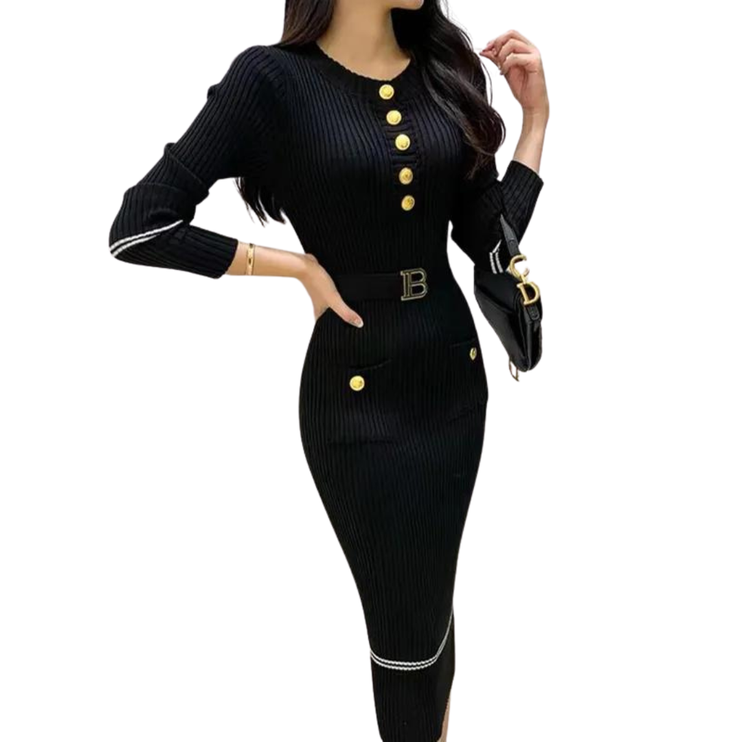 Stickad klänning med halvknäppning för kvinnor Bellasverige