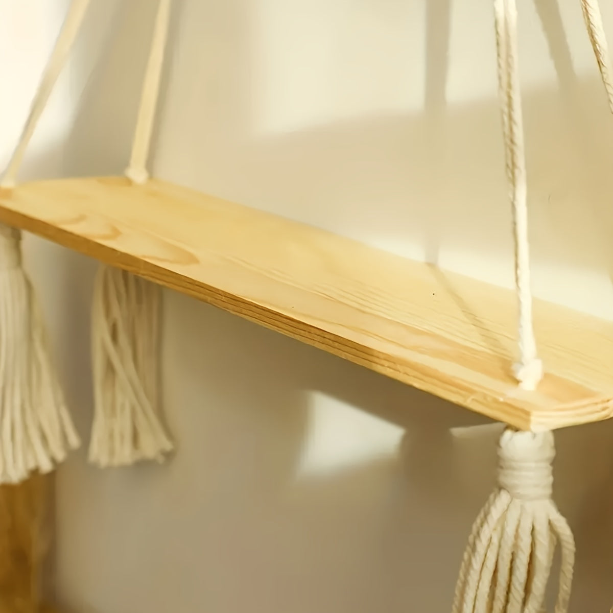 Boho Makramé Vägg hylla – Handgjord Trähylla med Repdesign för en Mysig Inredning Carvallo