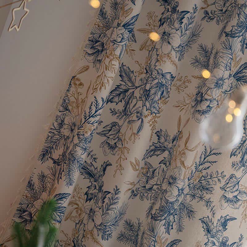 Blå Blomma Pine Bomull Lin Light Filtering Gardin Carvallo