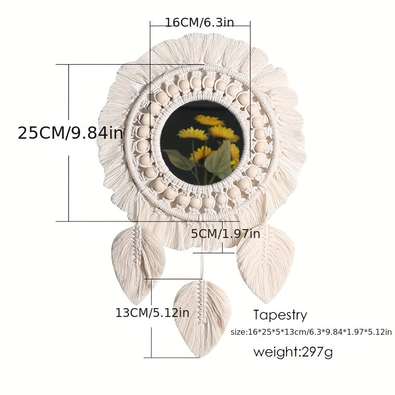 Boho Makramé Väggspegel med Fransar – Dekorativ Spegel med Pärlor och Fjädrar Carvallo