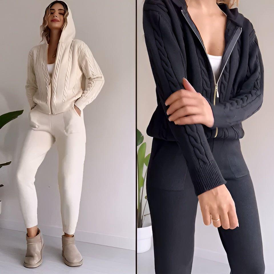 Millie Set - Stickad tvådelad hemmakostym för kvinnor (Mysig tröja + Byxor) Carvallo