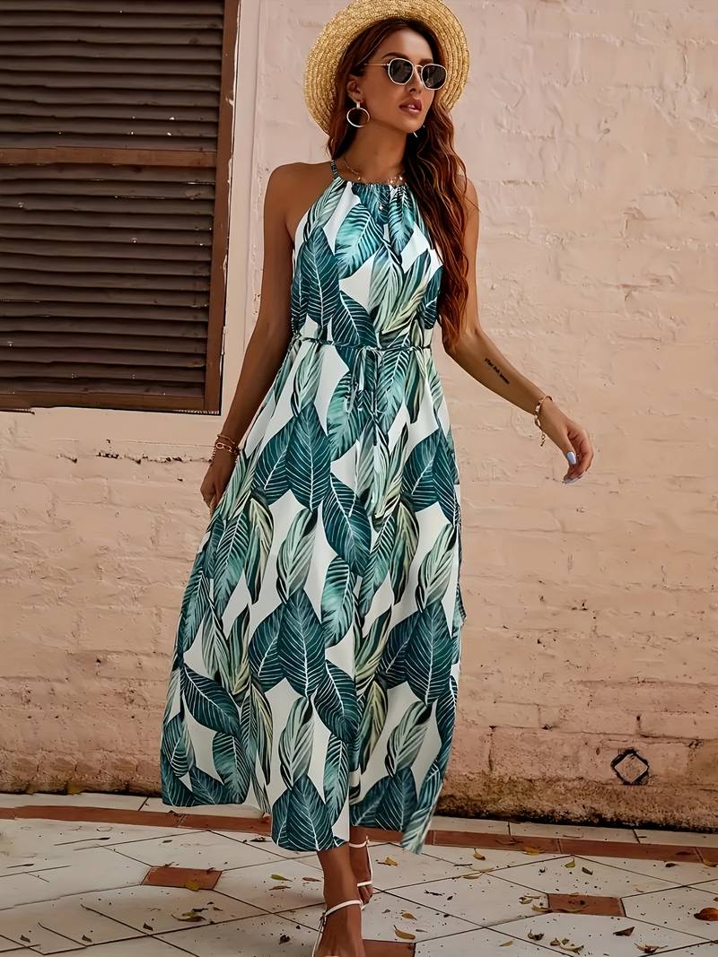 Dam Strandklänning Halterneck Bladmönster 100% Polyester Hemnix