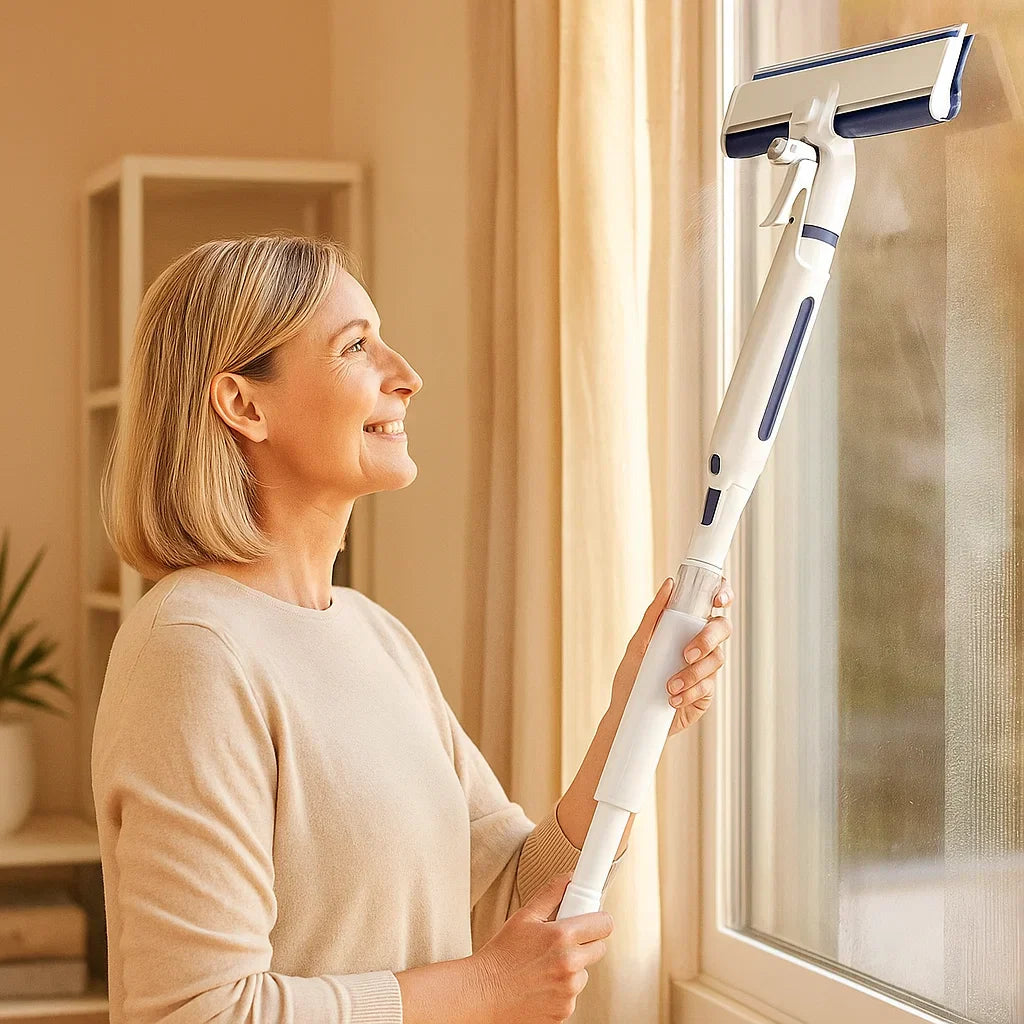 Teleskopisk 3-i-1-fönsterputsare med sprayanordning och integrerad behållare Carvallo