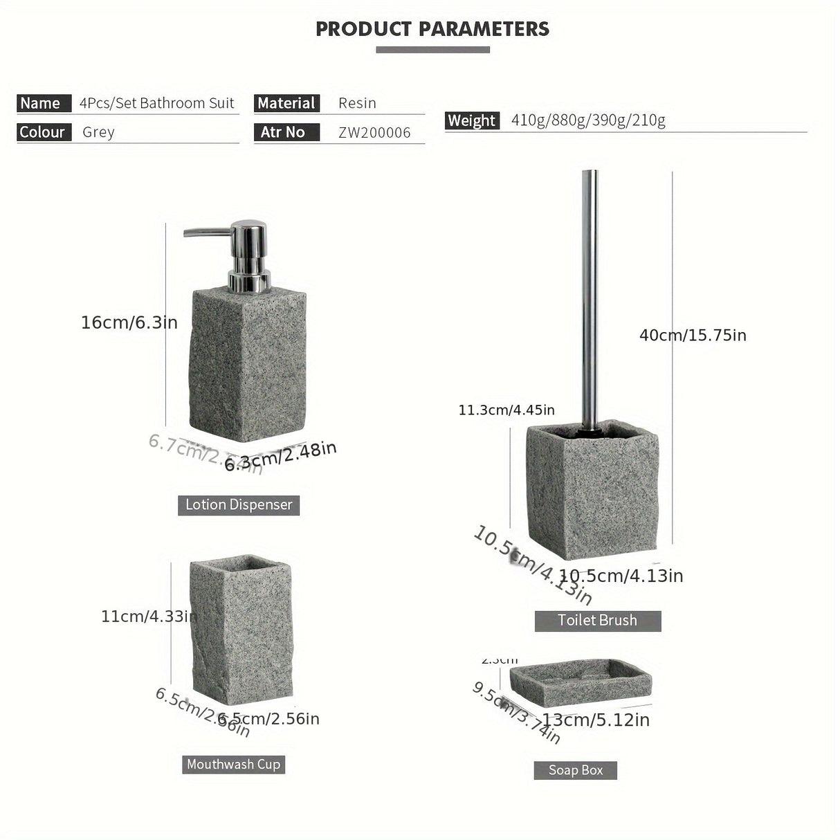 Grå Harpiks Badrumsset – Lyxset av 4 Delar för ett Elegant Badrum Carvallo