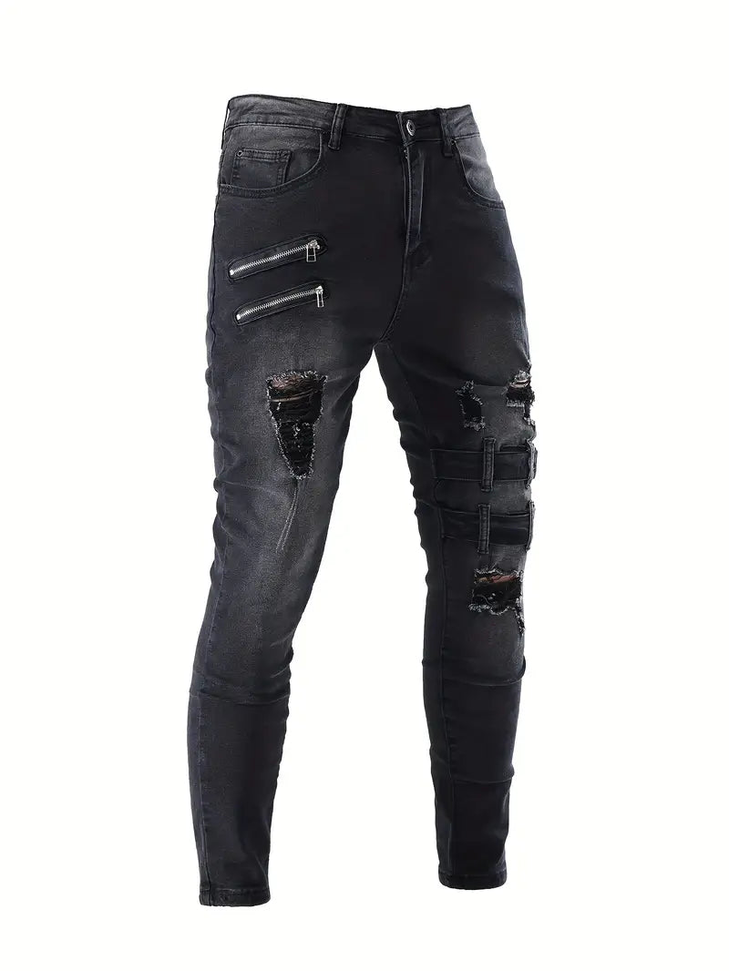 Herr Biker Jeans Avslappnad Denim Med Quiltade Detaljer Hemnix
