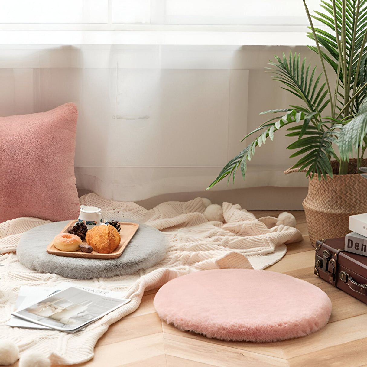 Mjuk Kaninpäls Imiterad Sittkudde - Fuzzy Rund Design Carvallo