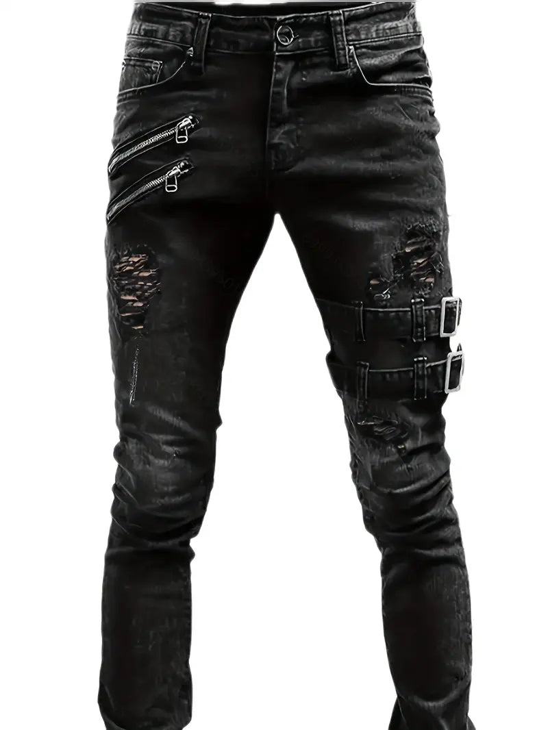 Herr Biker Jeans Avslappnad Denim Med Quiltade Detaljer Hemnix