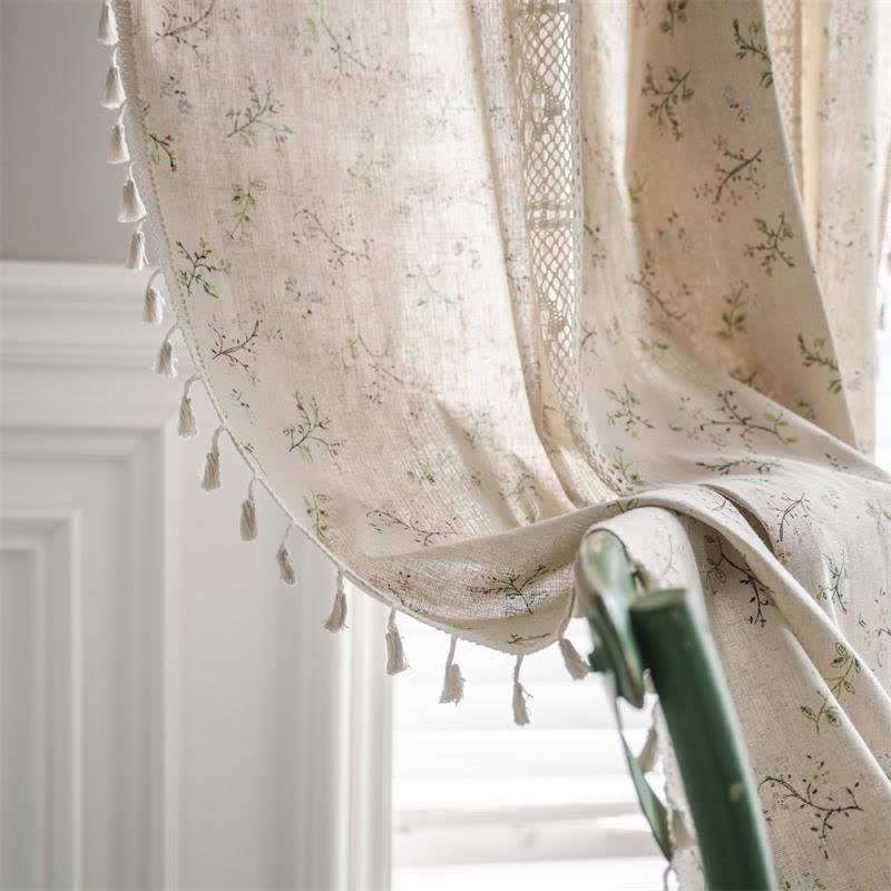 Floral Rutigt Splicing Bomull Linne Fringed Gardin Carvallo