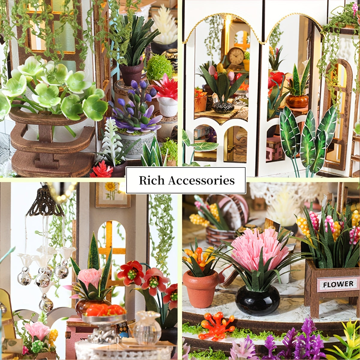 Miniatyr Blomhus – 3D Träpussel med LED-belysning och Detaljerad Trädgård Carvallo