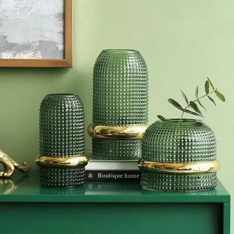 Mörkgrön Glasvas | Guldkant | Hydroponisk Blomutställning | Modern Minimalistisk Design | 3 Storlekar Carvallo