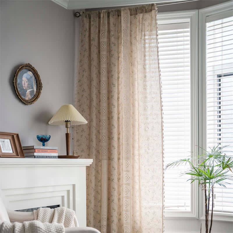 Floral Rutigt Splicing Bomull Linne Fringed Gardin Carvallo