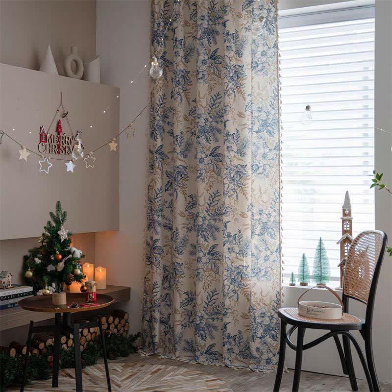 Blå Blomma Pine Bomull Lin Light Filtering Gardin Carvallo