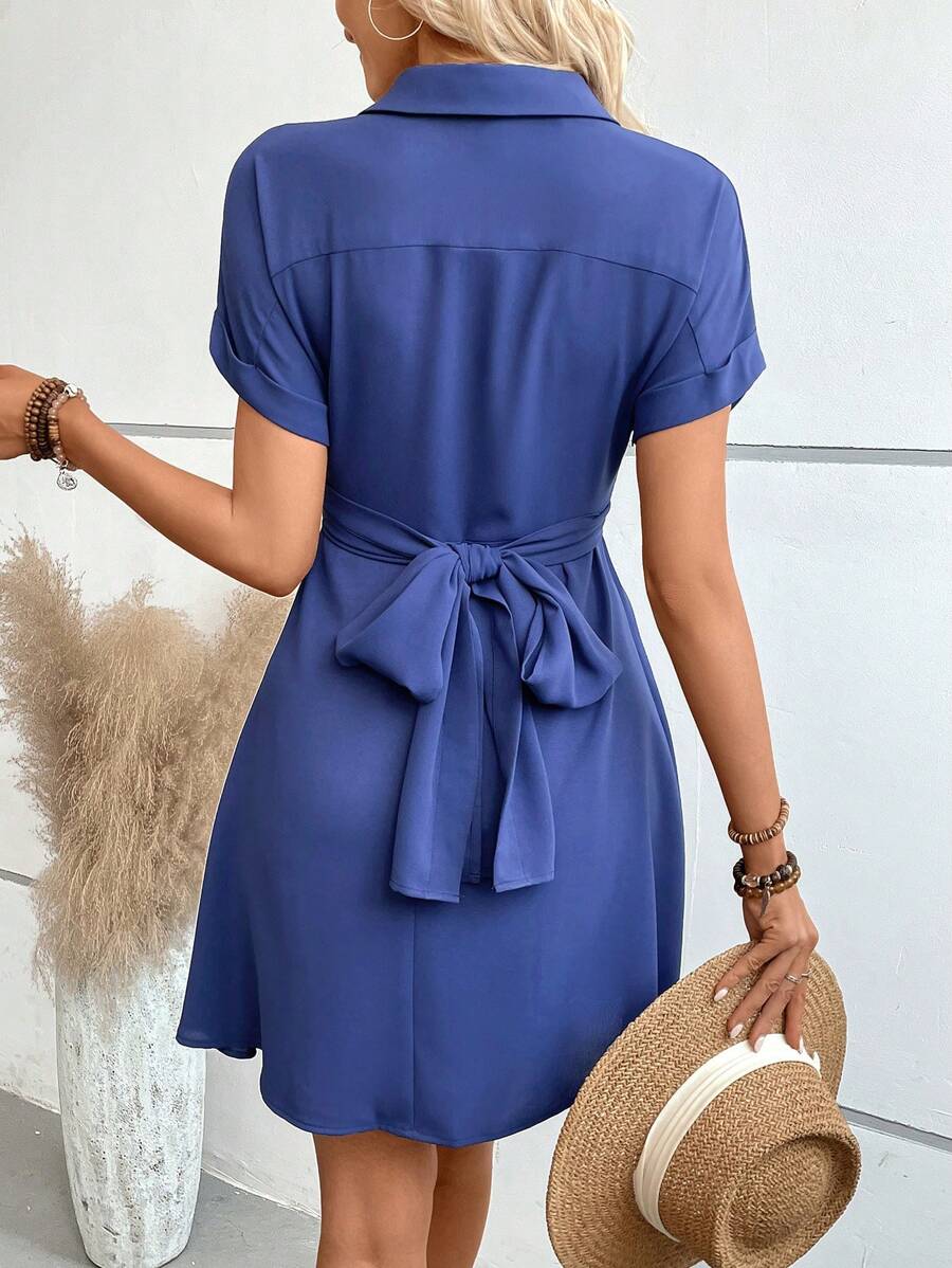 Kvinnor Miniklänning Enkel Högkvalitativt Tyg med Korta Ärmar och Krage-Kvinnors klänningar-Hemnix-Hemnix