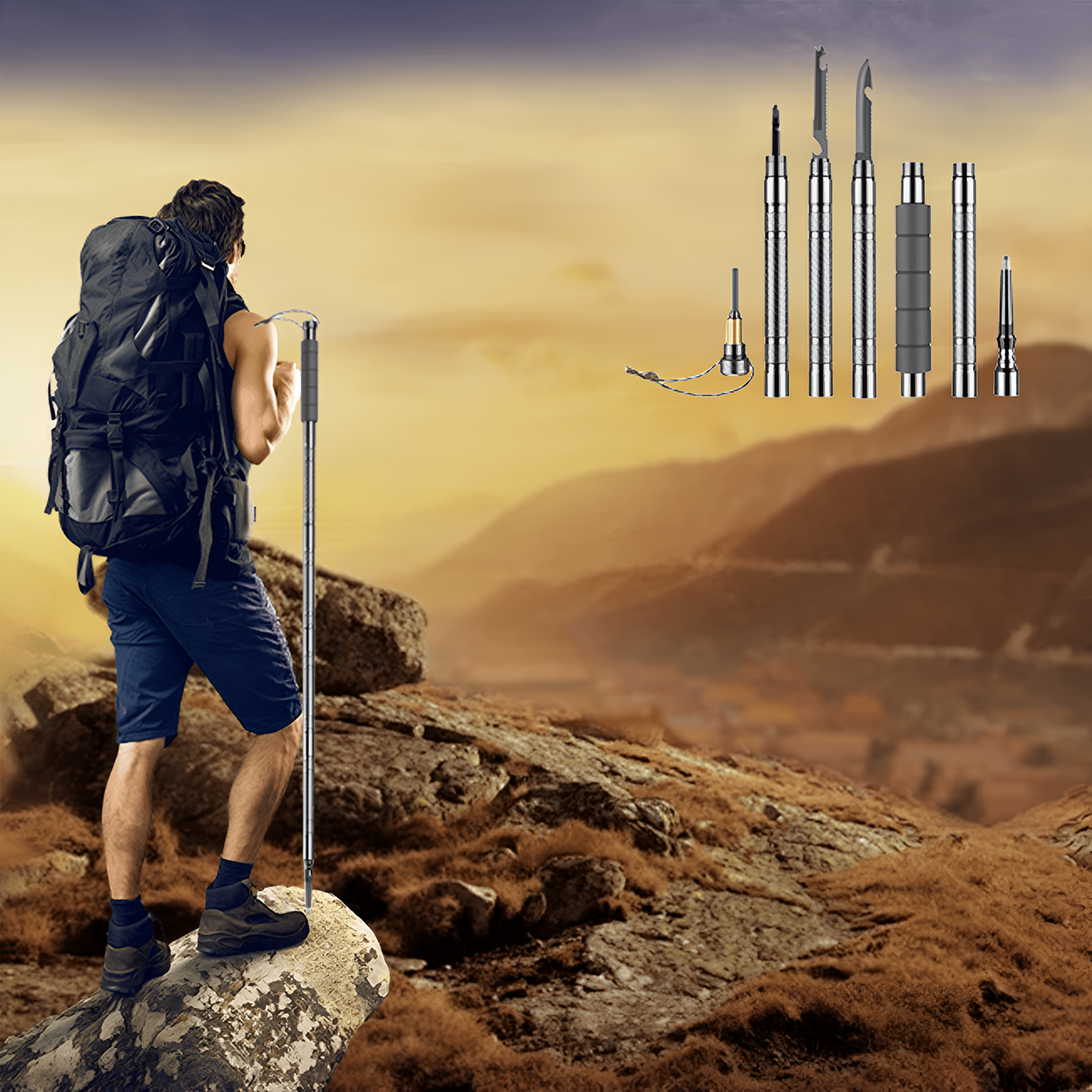 Carvallo TrekVario | Fällbar & Höjdjusterbar | Ultralätt av aluminium | 106–130 cm | Inkl. Terrängtillbehör Carvallo