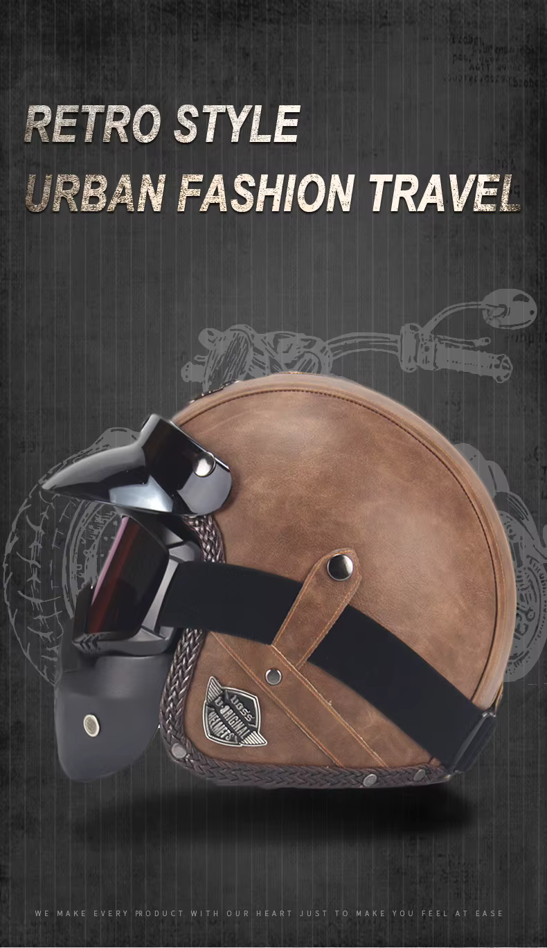 Royaleva Retro Vintage Motorcykelhjälm Öppen Ansikte Med Goggle Mask Carvallo