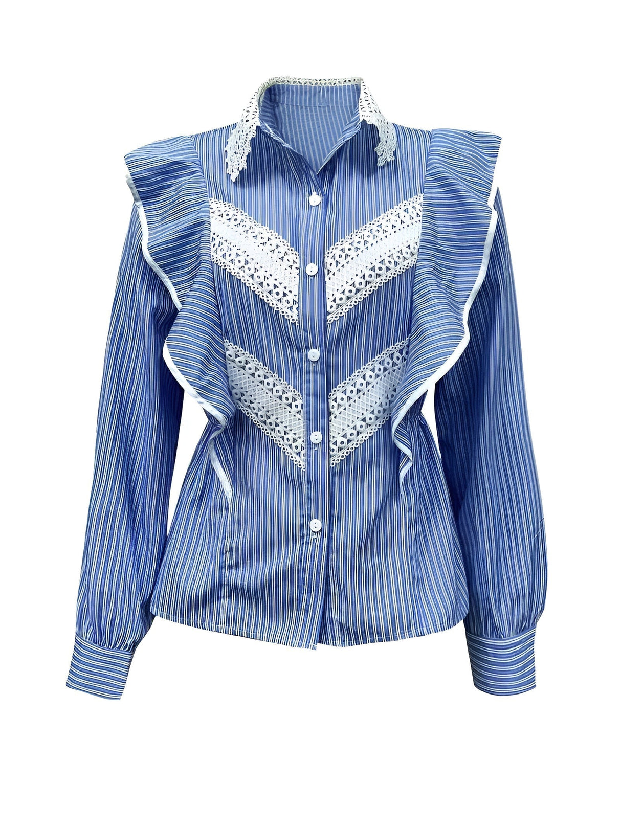 Dam Skjorta Långärmad Randig med Ruffles Mjukt Tyg Hemnix