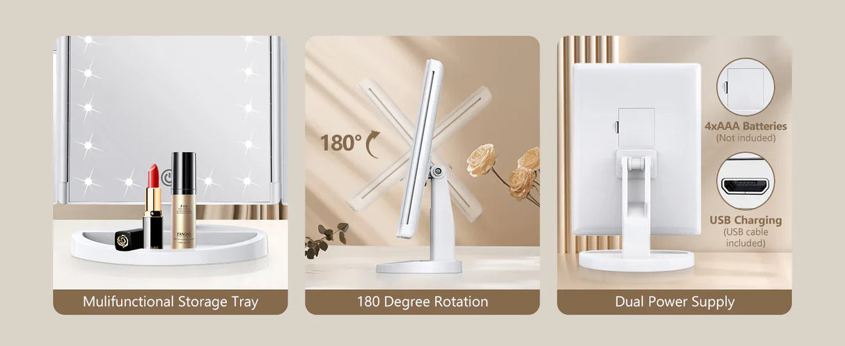 Luxora Tri-Fold Led Smink Spegel Med Ljus 2X 3X 10X Carvallo