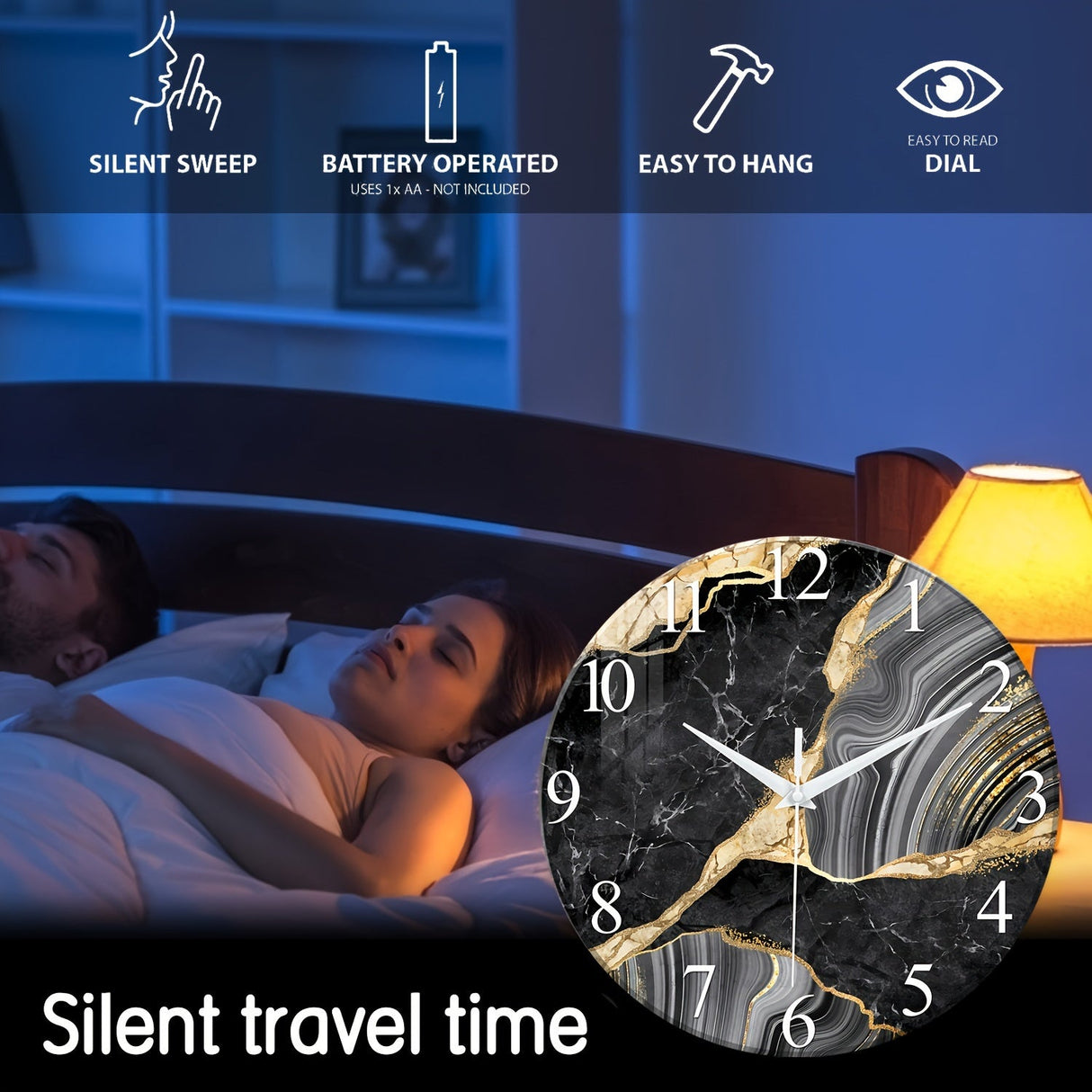 Modern 12-tum glasväggklocka med mönster av marmor - Stilig och batteridriven, perfekt för vardagsrum och sovrum (utan batteri) Carvallo