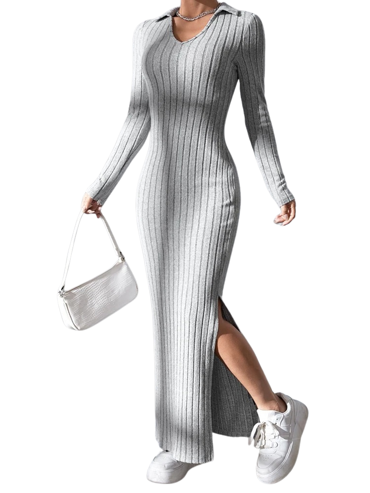 Stickad klänning med V-ringning och helärm för kvinnor Bellasverige