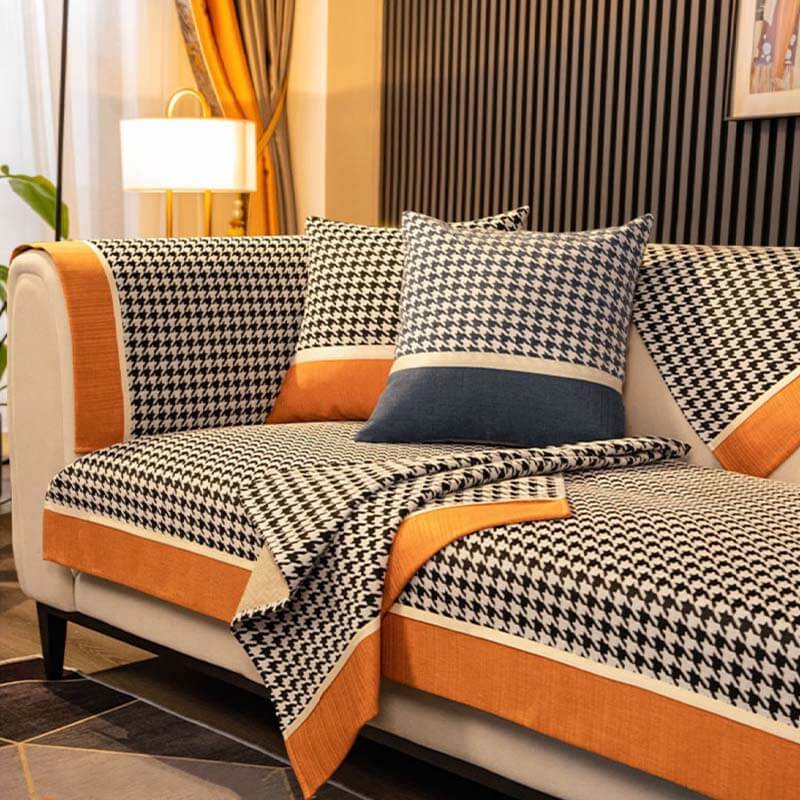 Klassisk Houndstooth-tryck Chenille Halkfri Sofföverdrag Carvallo