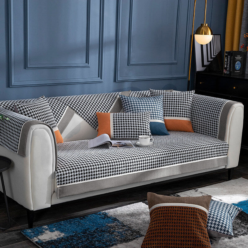 Klassisk Houndstooth-tryck Chenille Halkfri Sofföverdrag Carvallo