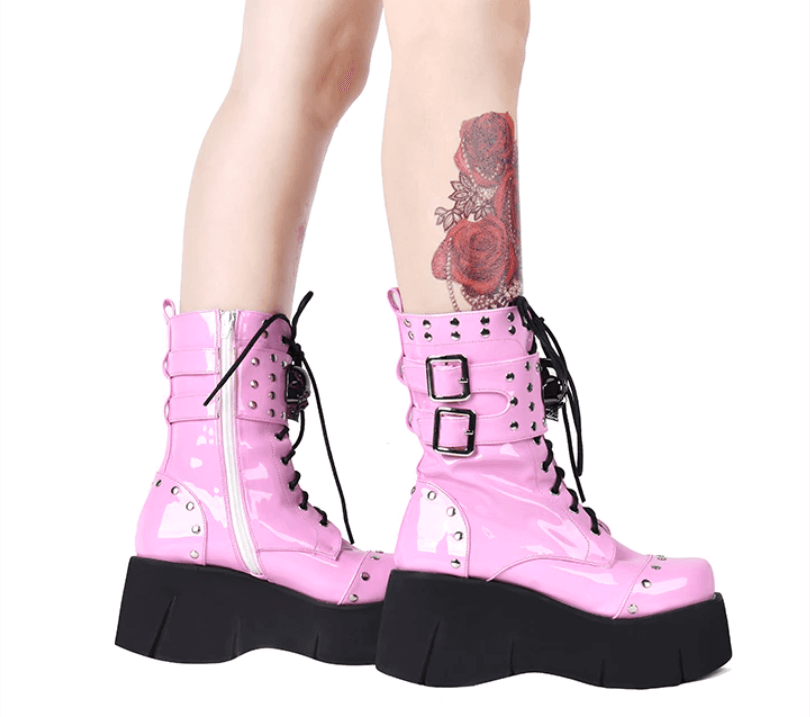Rosa gotiska spetsar upp plattformsstövlar-Shoes for Women-Hemnix-Hemnix