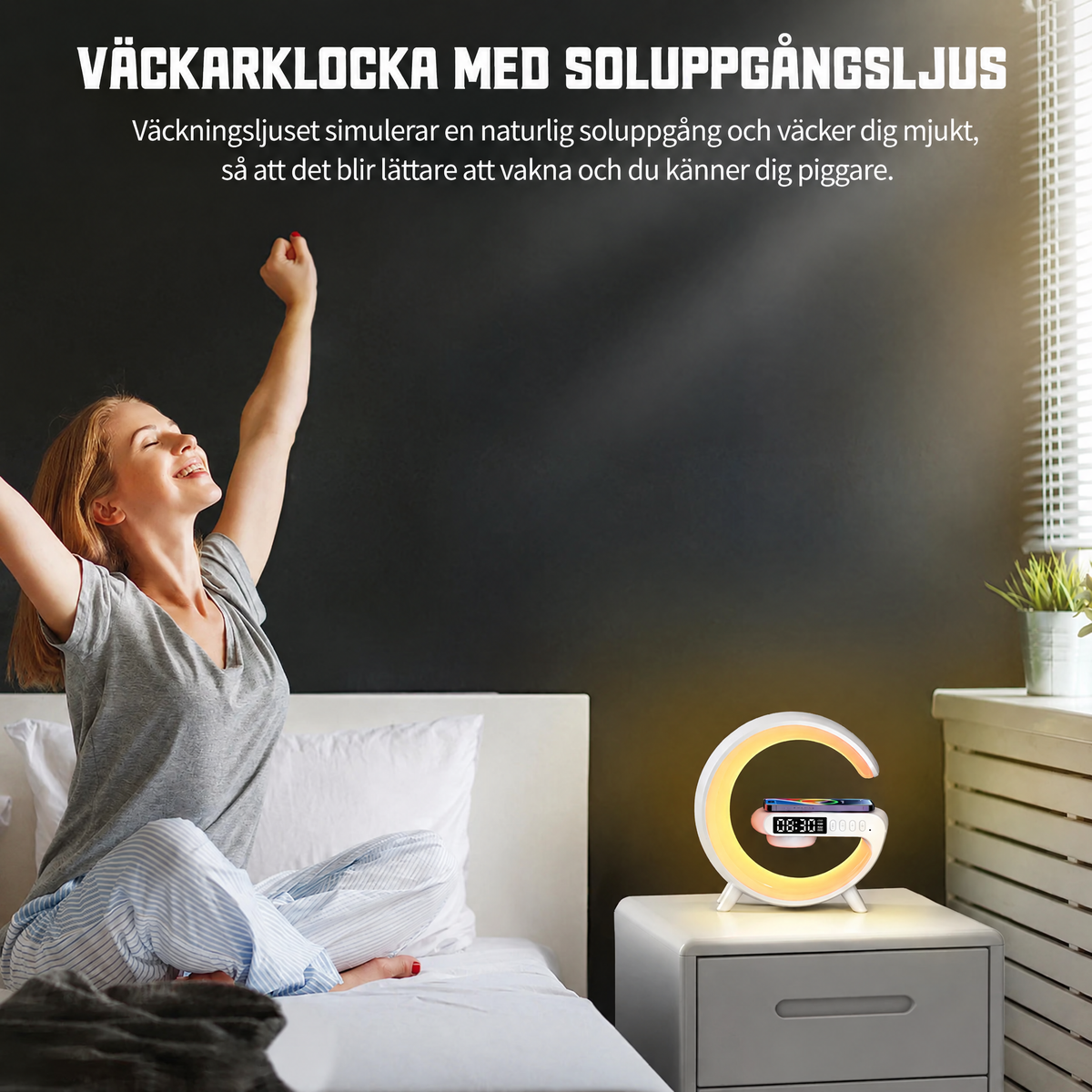 Väckarklocka med trådlös laddning och högtalare